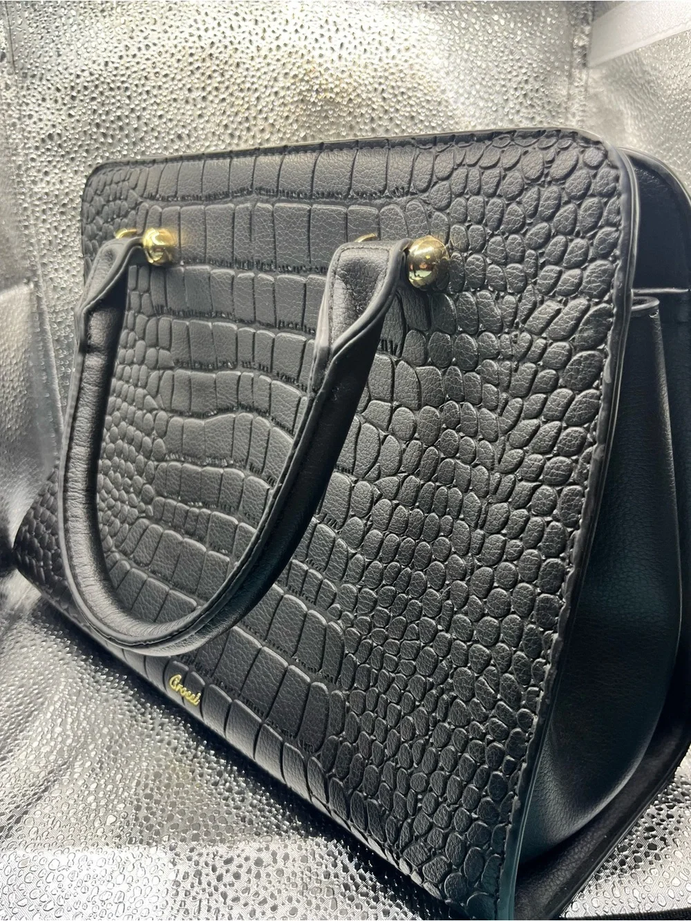 Black Croc-Texture Tote Bag with Gold Hardware